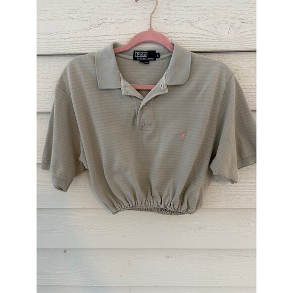 *POLO BY RALPH LAUREN* Preppy Gray/Green Crop Polo Pink Logo Women's M/L. - Picture 3 of 7